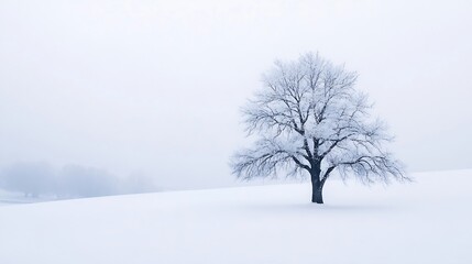 Solitary snowcovered tree standing tall in a foggy winter landscape exhibiting serene beauty : Generative AI