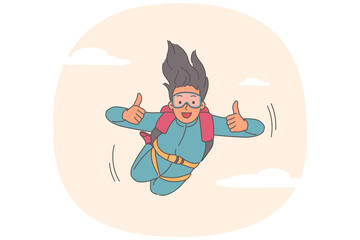 Woman parachutist flies in sky showing thumbs up, enjoying rush of adrenaline in body