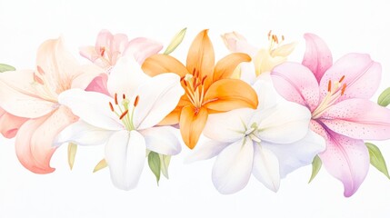 Fototapeta premium Delicate watercolor illustration of lilies showcasing white, orange, and pink hues in a botanical composition