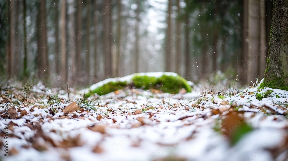 Poster Serene snowy forest landscape with fallen leaves and soft snowfall creating tranquility in nature : Generative AI
