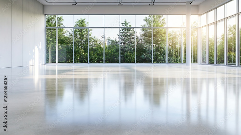 Poster bright and spacious modern interior with large windows bringing in natural light and showcasing gree