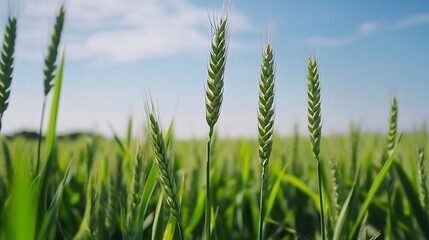 Obraz premium Lush green wheat field under a bright blue sky showcasing nature's bounty and agricultural beauty : Generative AI