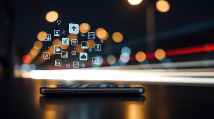 Smartphone with app icons overlayed on a background of blurred street lights and car trails at night.