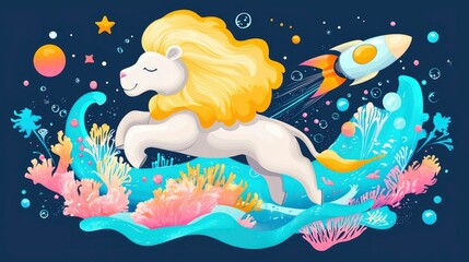 Obraz premium Majestic Lion Surfing Cosmic Waves on a Rocket-Propelled Journey