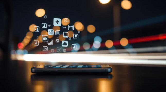 Smartphone with app icons overlayed on a background of blurred street lights and car trails at night.