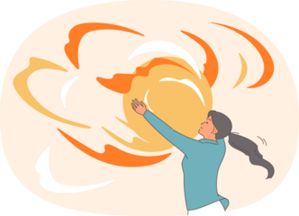 Woman inspired by big dream and inspiring goal, grabs glowing ball with hands, symbolizing chance for success. Concept of trying not to miss chance in your personal life or career.
