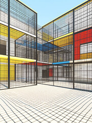Obraz premium Geometric building exterior featuring Mondrian-inspired primary colors and overlaid grid casting shadow onto the ground under a bright sunny sky.