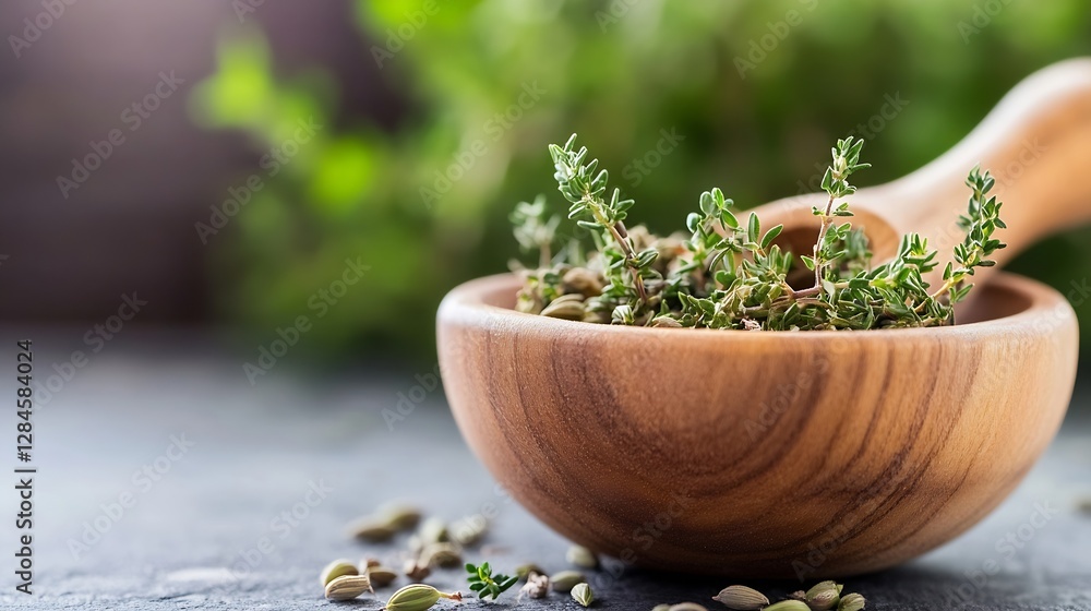 Poster fresh herbs in a wooden bowl ready for culinary use in a rustic kitchen setting : generative ai