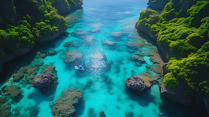 Tropical lagoon boat aerial view, vibrant turquoise water, lush greenery, sunlight