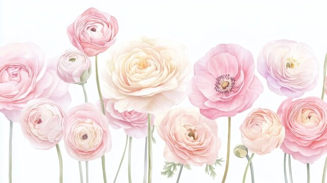 Delicate ranunculus in soft peach and pink hues create a serene watercolor botanical illustration full of layered beauty
