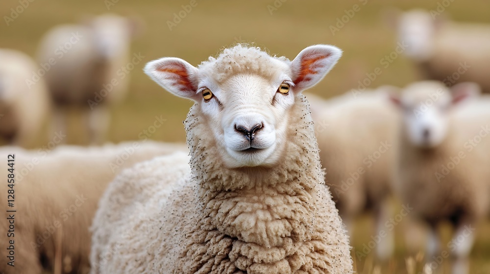 Poster Close up of a curious sheep looking directly at the camera in a peaceful rural setting : Generative AI
