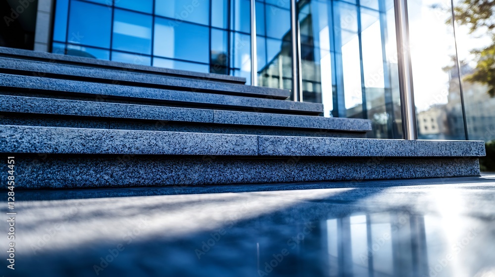 Poster modern architectural steps leading to a glass office building capturing sunlight reflections : gener