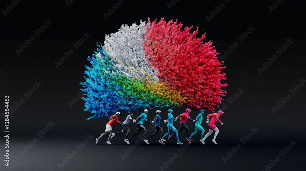 Poster vibrant color splash with runners in dynamic motion on black background