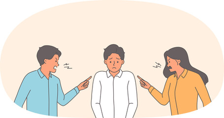 Two bosses scold subordinate who made mistake, and point finger at clerk in need of protection. Colleagues scold male manager for lack of productivity and poor work performance violating kpi