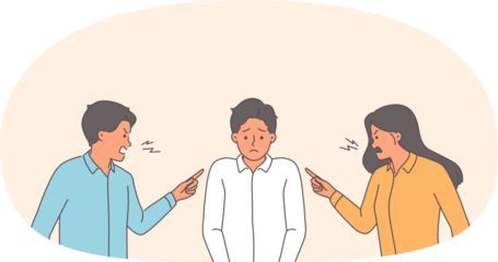 Two bosses scold subordinate who made mistake, and point finger at clerk in need of protection. Colleagues scold male manager for lack of productivity and poor work performance violating kpi