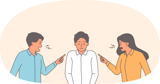 Two bosses scold subordinate who made mistake, and point finger at clerk in need of protection. Colleagues scold male manager for lack of productivity and poor work performance violating kpi