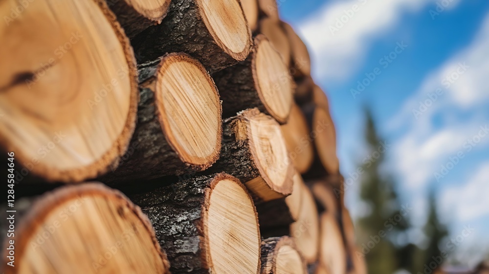 Poster closeup of stacked tree logs with natural textures and vibrant blue sky background : generative ai