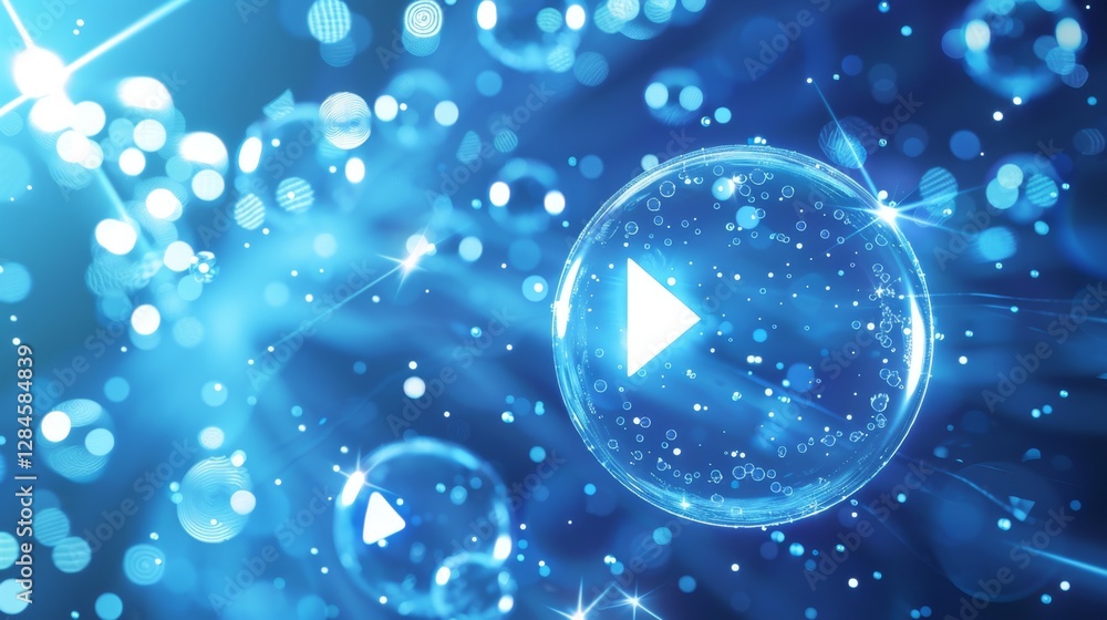 Poster colorful bubbles with play buttons floating in an abstract blue background filled with bright light 