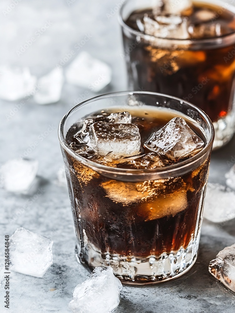 Poster refreshing close up of cold drink with ice cubes in a glass on a gray surface capturing the essence 