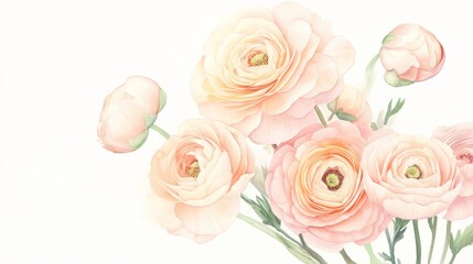 Fototapeta premium Delicate ranunculus blooms in soft peach and pink hues capture nature's elegance through a lush watercolor botanical illustration
