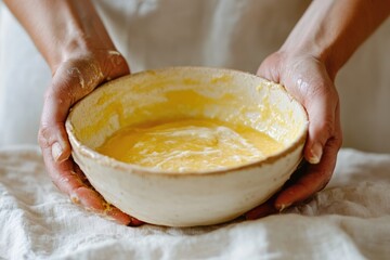 A pair of hands carefully holding a bowl of creamy, yellow batter, possibly for baking.