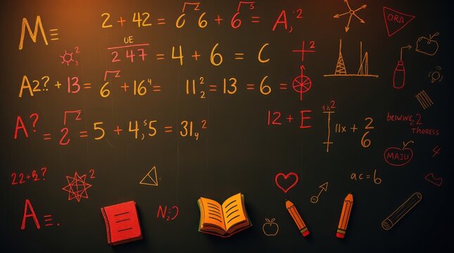 Mathematical Equations on Chalkboard: Colorful formulas and symbols evoke education, learning, and problem-solving.