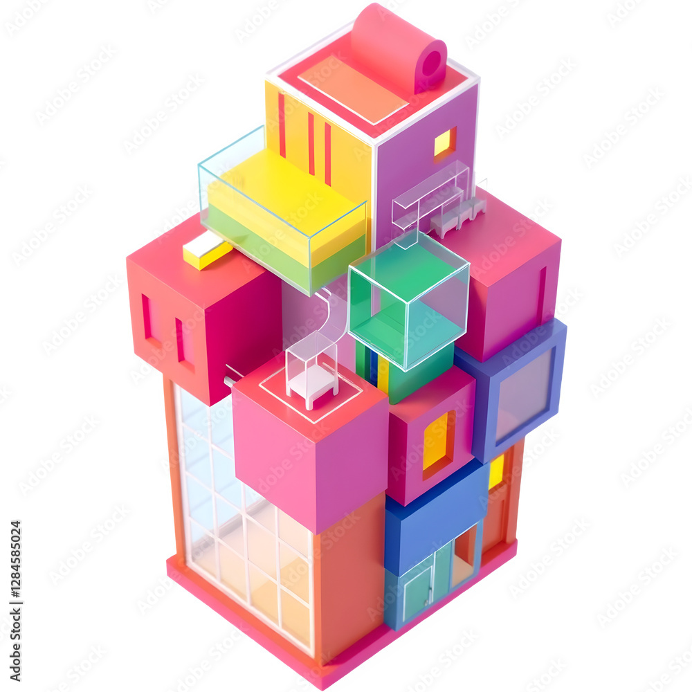 Aufkleber a vibrant, abstract structure composed of colorful geometric shapes, featuring various levels and tr