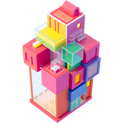Fototapeta premium A vibrant, abstract structure composed of colorful geometric shapes, featuring various levels and transparent sections.