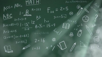 Chalkboard filled with mathematical equations and playful drawings, a vibrant scene of learning and creativity.