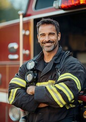 Fototapeta premium Professional Portrait of Firefighter in Front of Fire Truck
