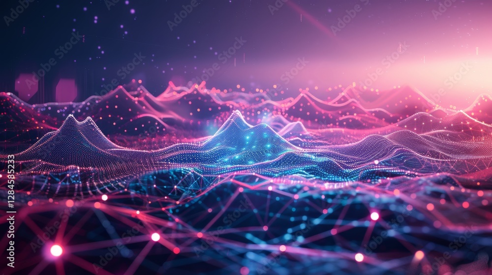 Poster abstract landscape of dynamic waveforms illuminated by vibrant colors in a futuristic digital enviro