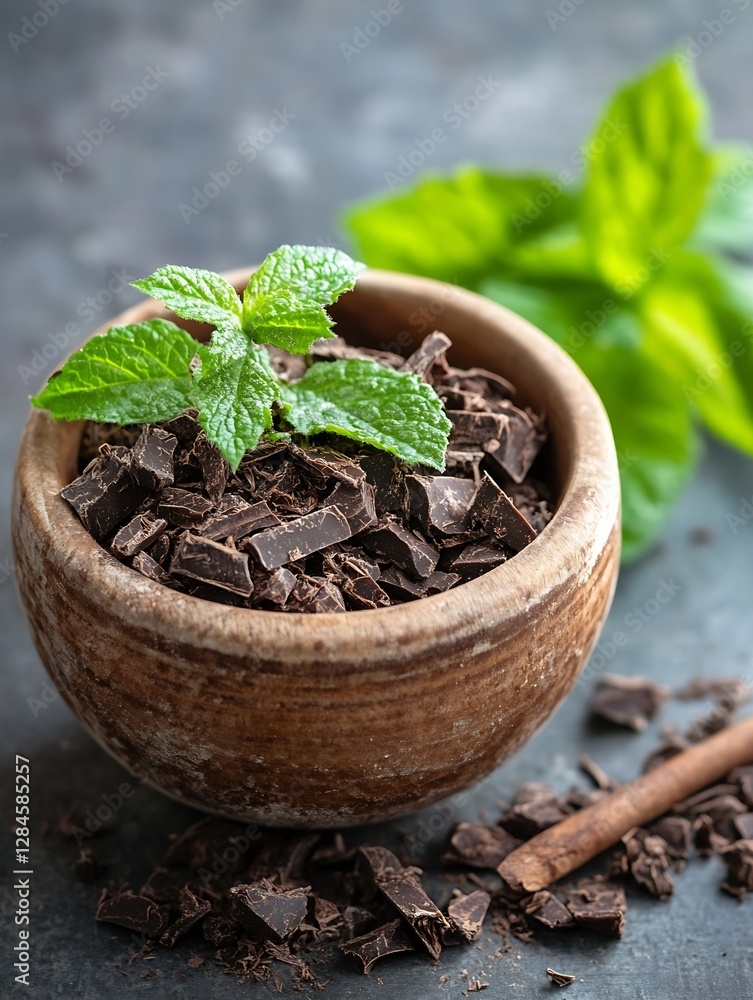 Poster delicious dark chocolate chunks combined with fresh mint leaves in an earthy pottery bowl on a rusti