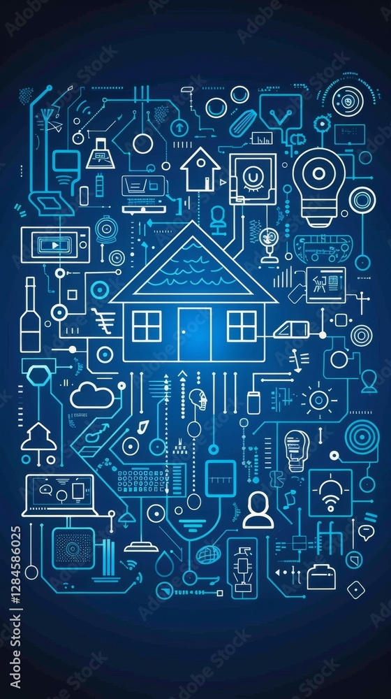 Poster digital representation of smart home technology with various devices and connections illustrated on 