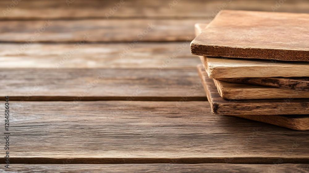 Poster Stack of wooden cutting boards on rustic wooden surface showcasing different textures and colors : Generative AI