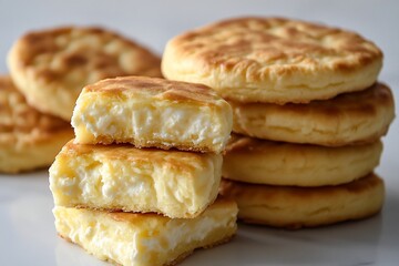 Cheese pastries, kitchen, baked, golden, crumbly, delicious, stack, table, food photography, website