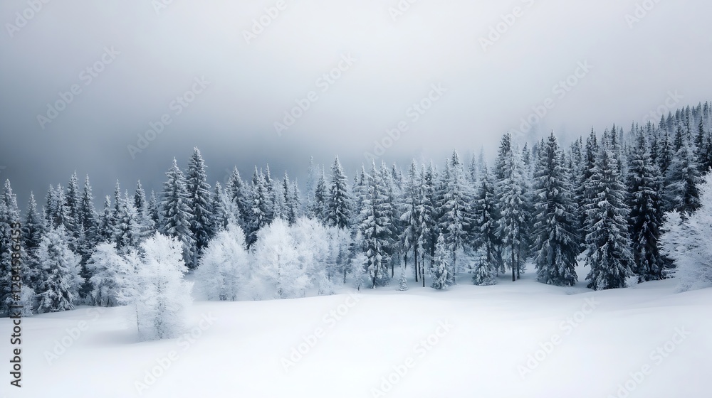 Aufkleber Serene winter landscape of snowcovered trees in a foggy forest creating a tranquil atmosphere : Generative AI