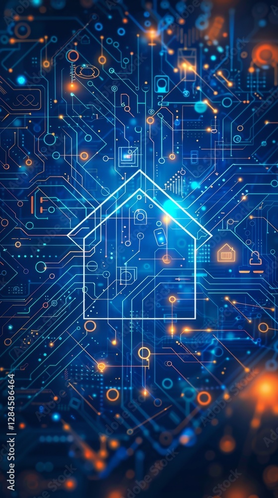 Poster representation of a smart home concept with circuit patterns and glowing elements in blue and orange