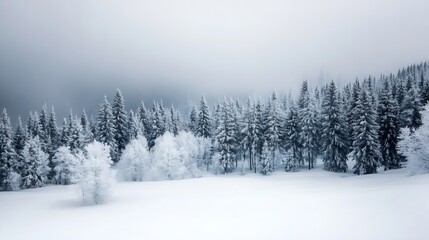 Fototapeta premium Serene winter landscape of snowcovered trees in a foggy forest creating a tranquil atmosphere : Generative AI