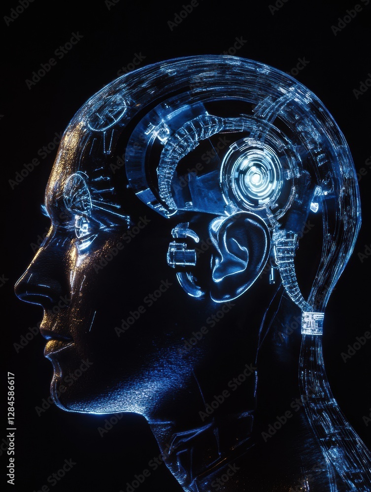 Aufkleber Futuristic profile of a human with intricate mechanical structures and a glowing robotic eye accentuating cybernetic design. Generative AI