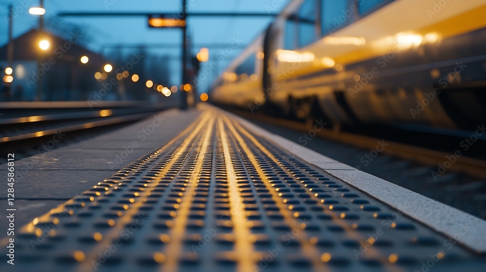 Poster Dynamic perspective of train platform illuminated by warm evening lights : Generative AI