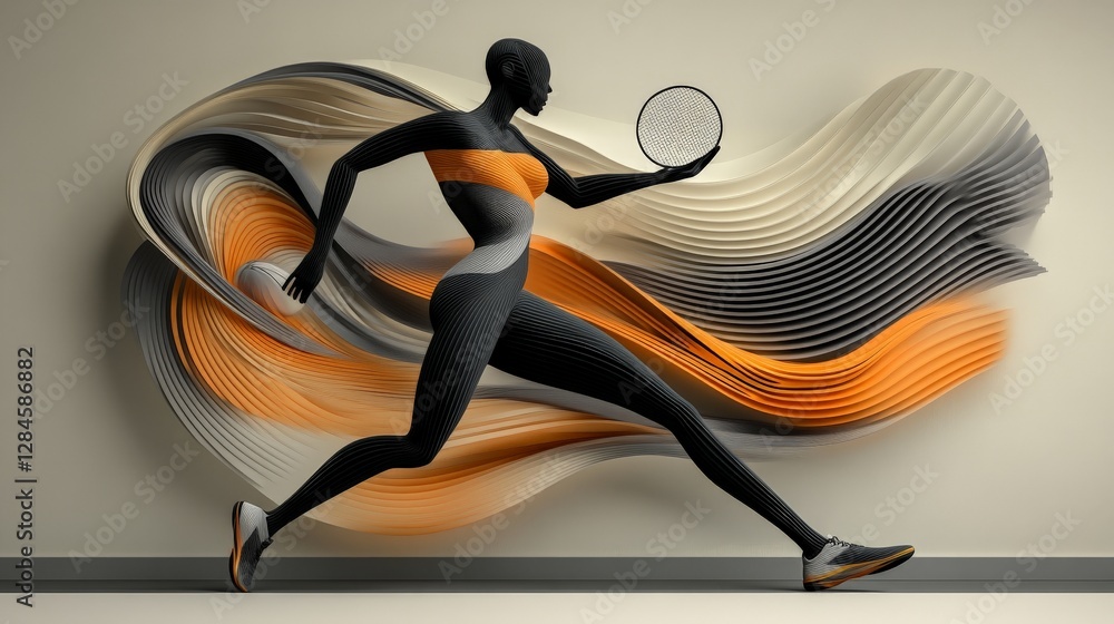 Poster dynamic female figure running with tennis racket and abstract background