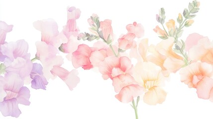 Delicate pastel snapdragons bloom softly in a watercolor illustration, evoking a sense of joy and tranquility