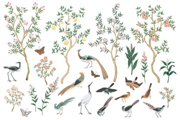 Chinese birds, butterfly, tree, rose, fruit tree, plant set. Chinoiserie vector collection.	