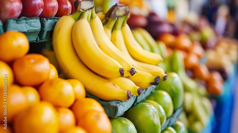 Aufkleber Vibrant fruit stand showcasing fresh bananas oranges and green apples in arrays for market display : Generative AI