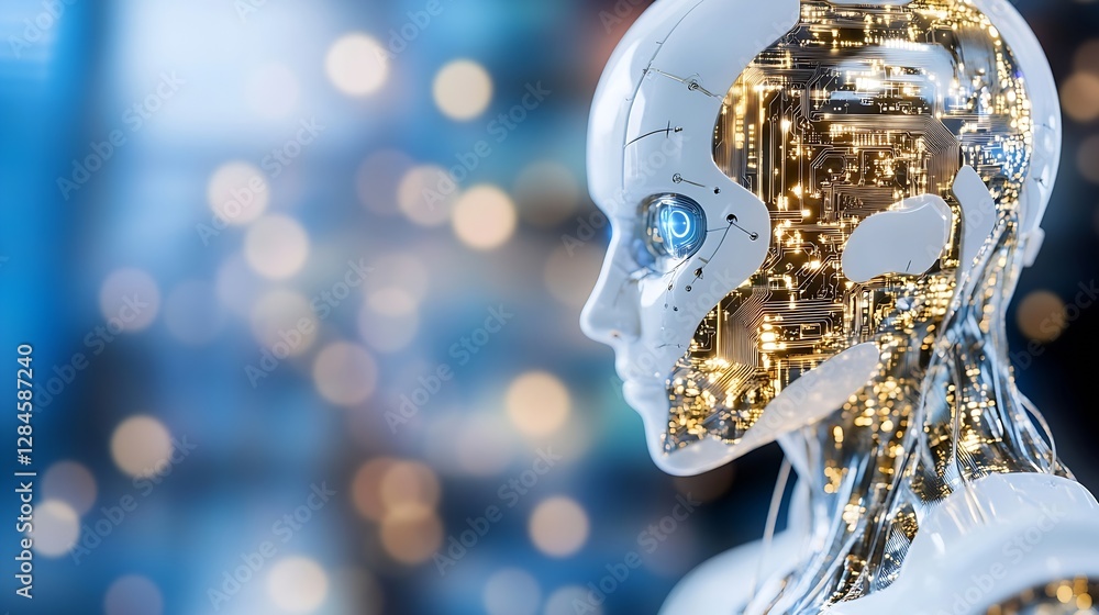 Fototapete futuristic robot head with intricate circuitry and glowing eyes representing technology : generative