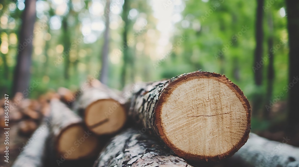 Poster closeup view of freshly cut logs arranged in a serene forest setting showcasing natural wood texture