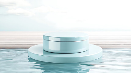 Aqua-toned cream jar atop a circular platform emerging from calm water with a hint of boardwalk and sky in the background.