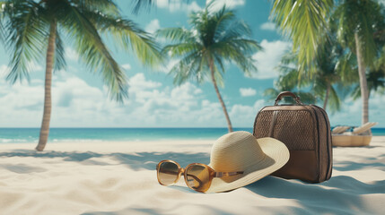 A Relaxing Beach Scene Featuring a Beach Hat, Sunglasses, and a Travel Bag Arranged on Soft Sand, Framed by Tall Coconut Trees Swaying in the Breeze with the Ocean in the Background