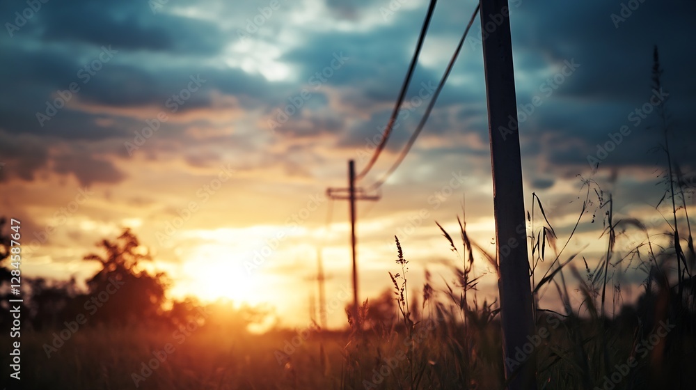 Aufkleber majestic sunset over field with telephone poles against a dynamic cloudscape : generative ai