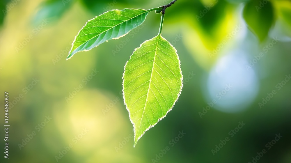 Aufkleber Closeup of vibrant green leaves illuminated by soft natural light in a lush setting : Generative AI